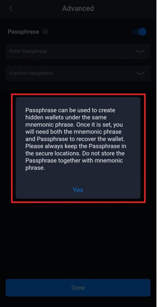 انتخاب گزینه‌ی Passphrase